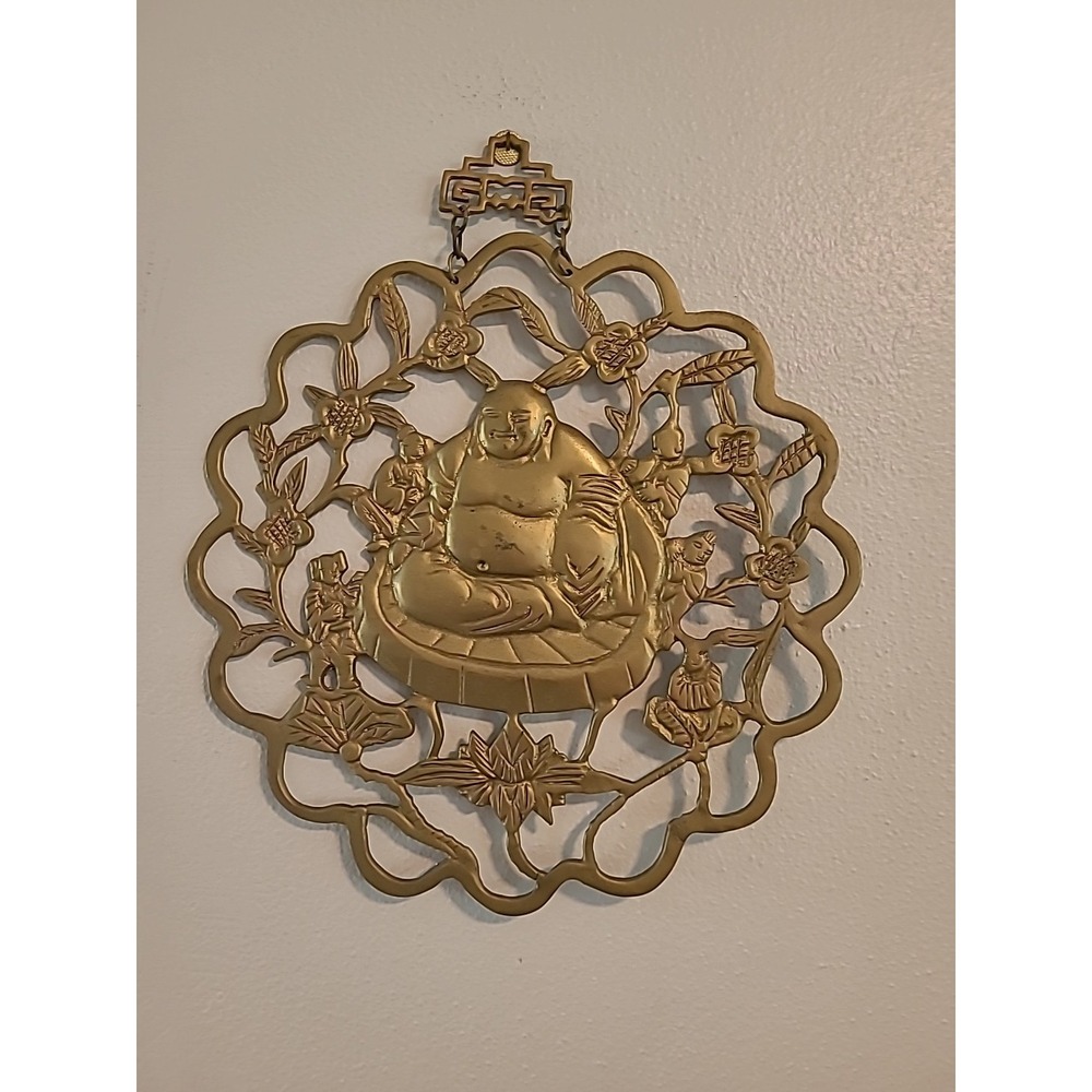 Vintage Buddha Brass Wall Hanging 10" Patenia With Leaves